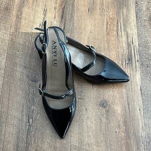 Anyi Lu Black Patent Leather Pointed Toe Mary Jane Heels